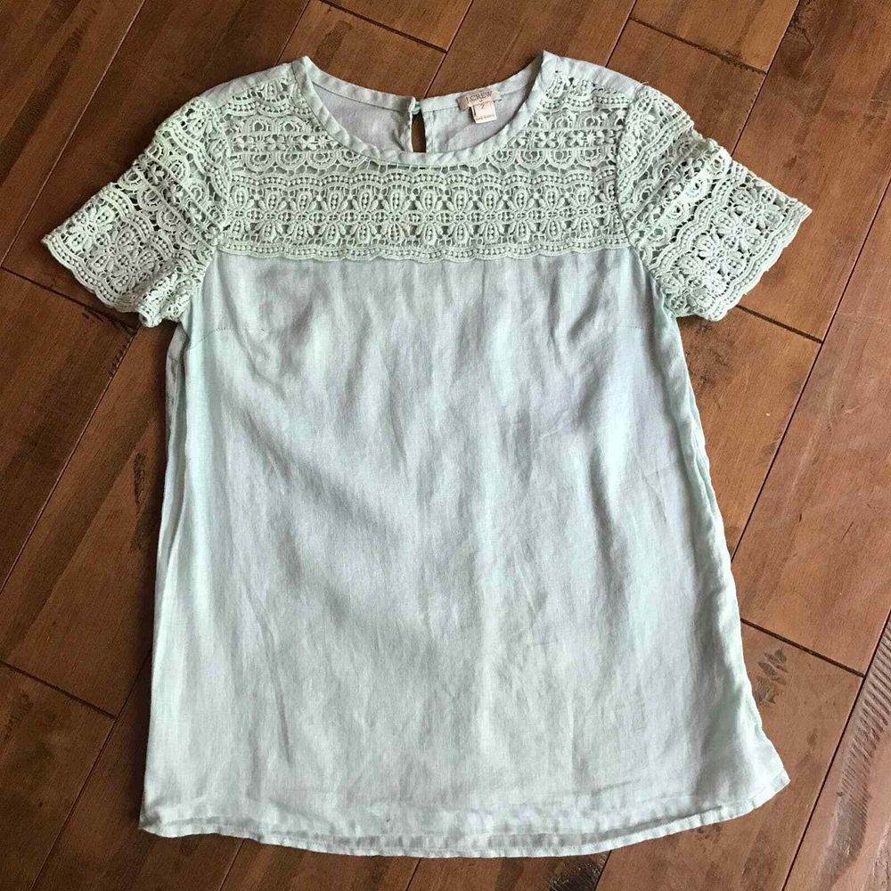 J Crew Top Womens 2 Mint Green Linen Crochet Lace Blouse‎ Beachy Cruise Vacation - Picture 12 of 13